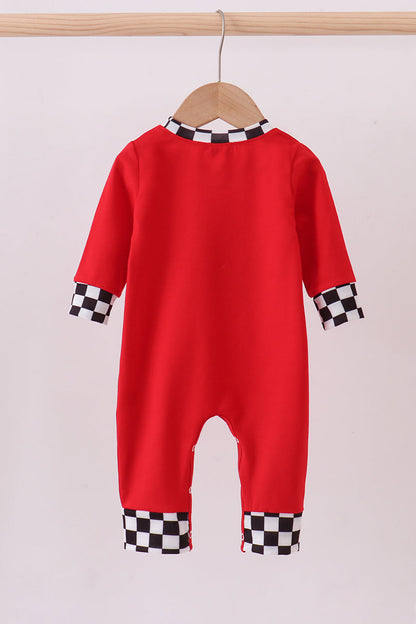 Red race character applique baby checkered romper