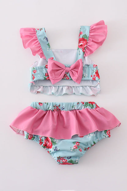 Traje de baño de dos piezas para niña con fruncido y estampado Rosebud Bliss