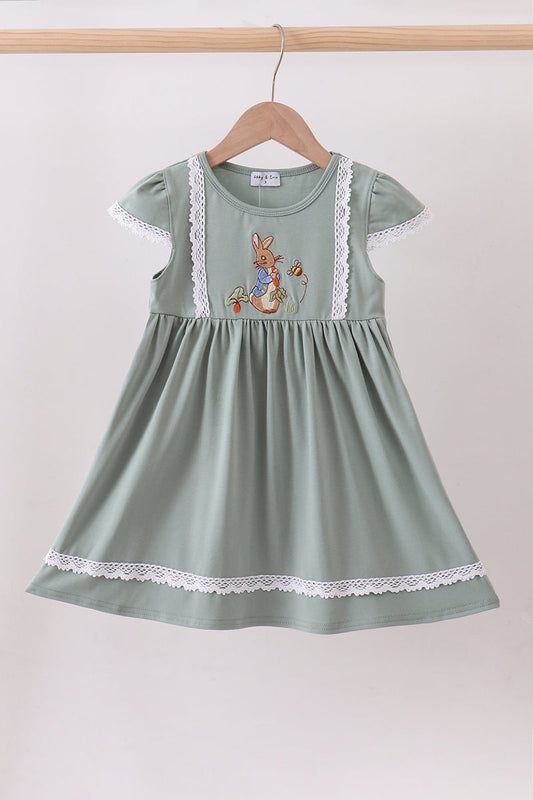 Sage bunny embroidery girl dress