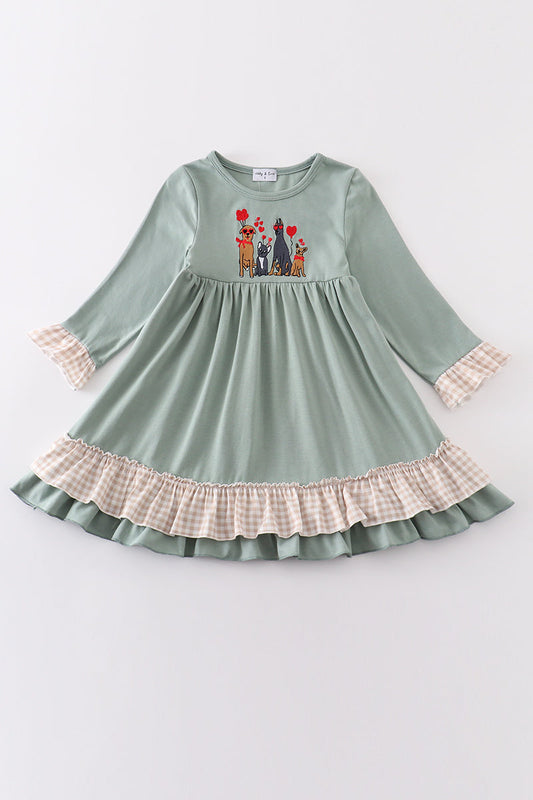 Sage valentine puppy heart embroidery girl dress - Ella Jane Lifestyle Boutique