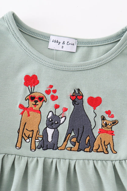 Sage valentine puppy heart embroidery girl dress - Ella Jane Lifestyle Boutique