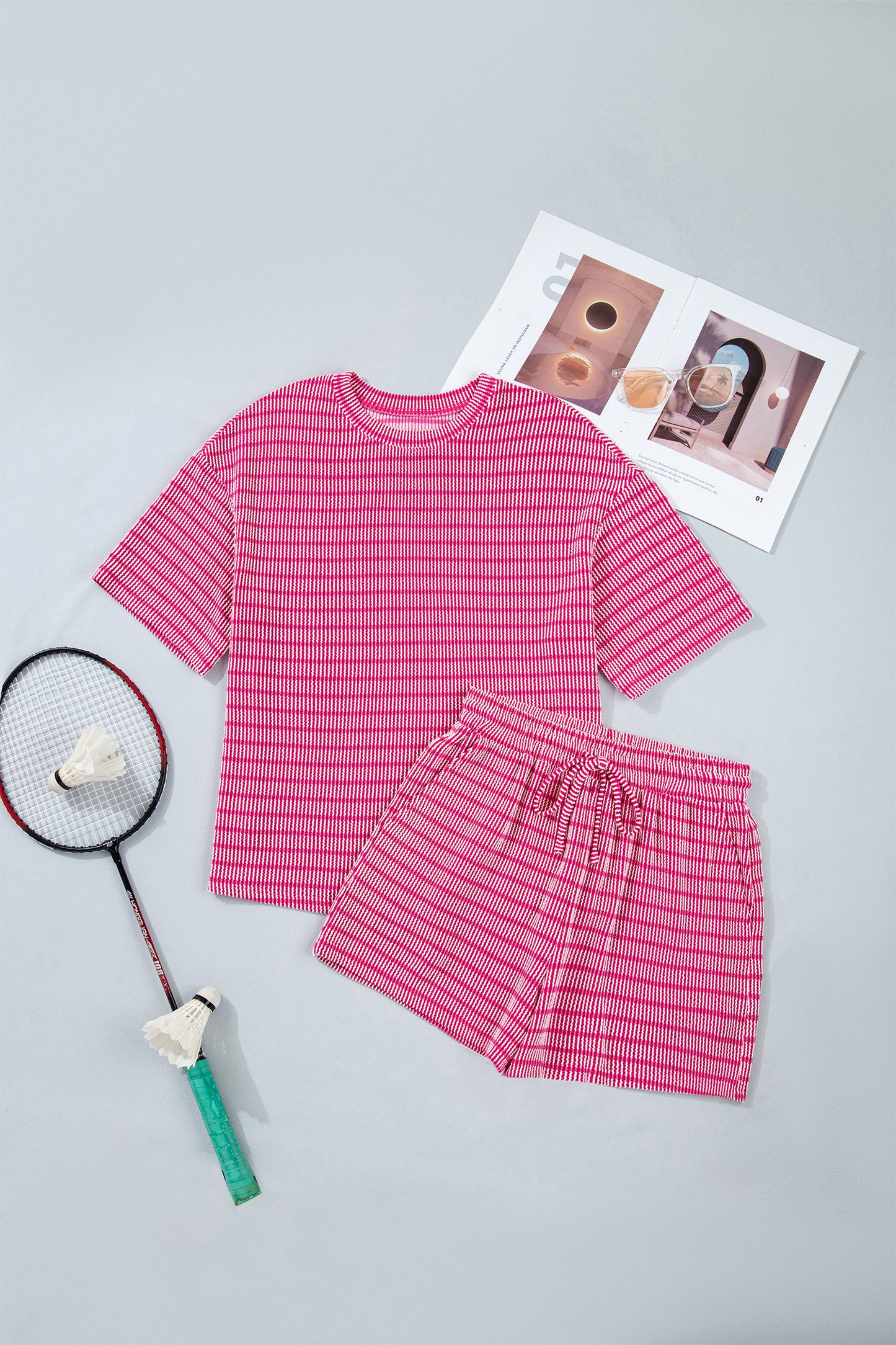 Striped Raised Rib Tee & Drawstring Shorts 2-Piece Set