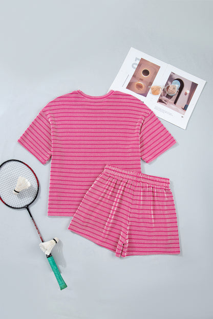 Striped Raised Rib Tee & Drawstring Shorts 2-Piece Set