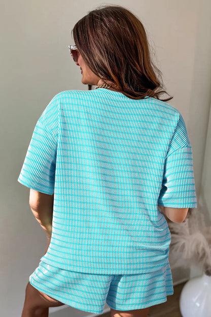 Striped Raised Rib Tee & Drawstring Shorts 2-Piece Set