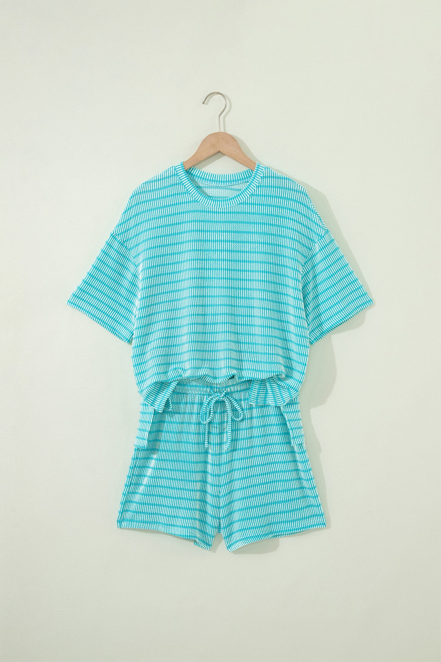 Striped Raised Rib Tee & Drawstring Shorts 2-Piece Set