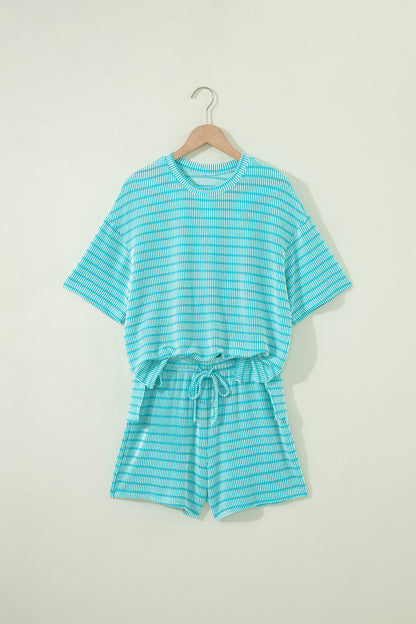 Striped Raised Rib Tee & Drawstring Shorts 2-Piece Set