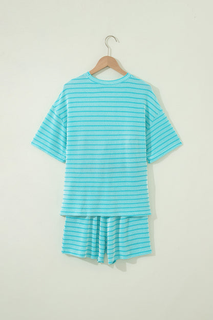 Striped Raised Rib Tee & Drawstring Shorts 2-Piece Set