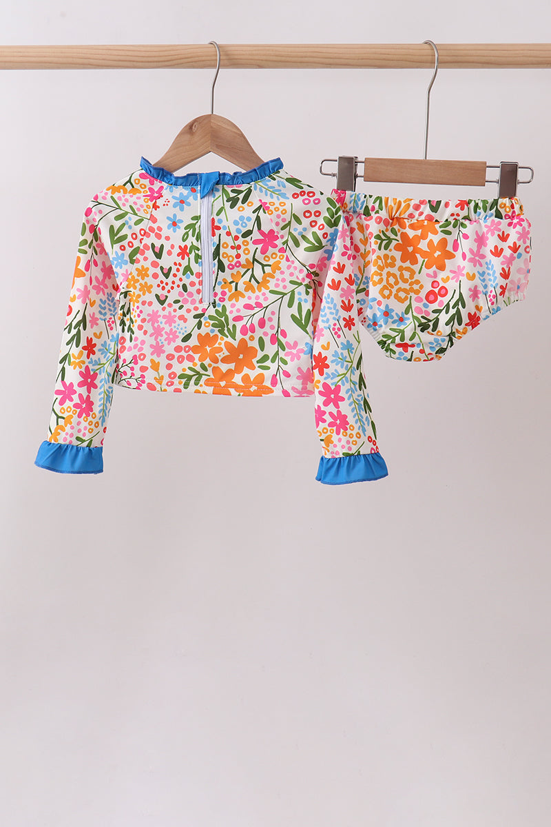 Summer Floral Print Ruffle 2-Piece Girls Swimsuit