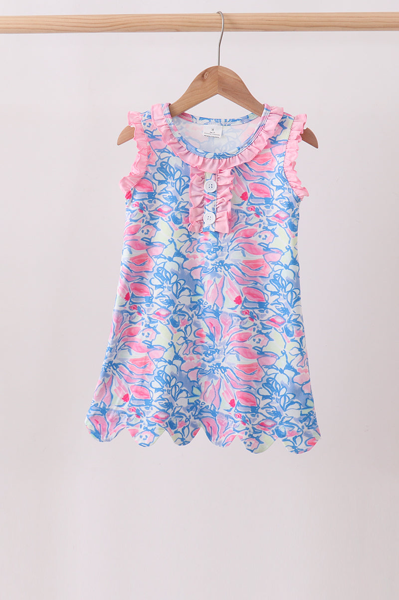 Watercolor Floral Ruffle Scalloped Girls Dress