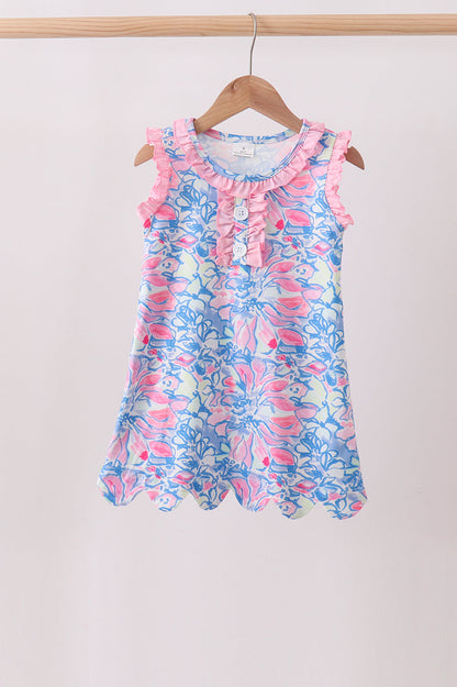 Watercolor Floral Ruffle Scalloped Girls Dress