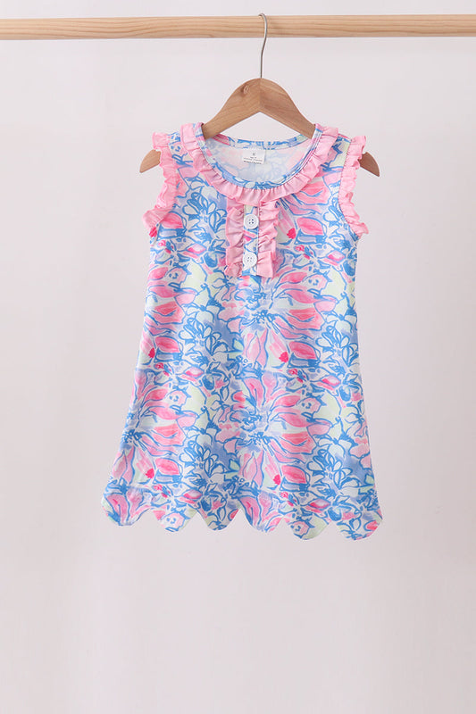Watercolor Floral Ruffle Scalloped Girls Dress