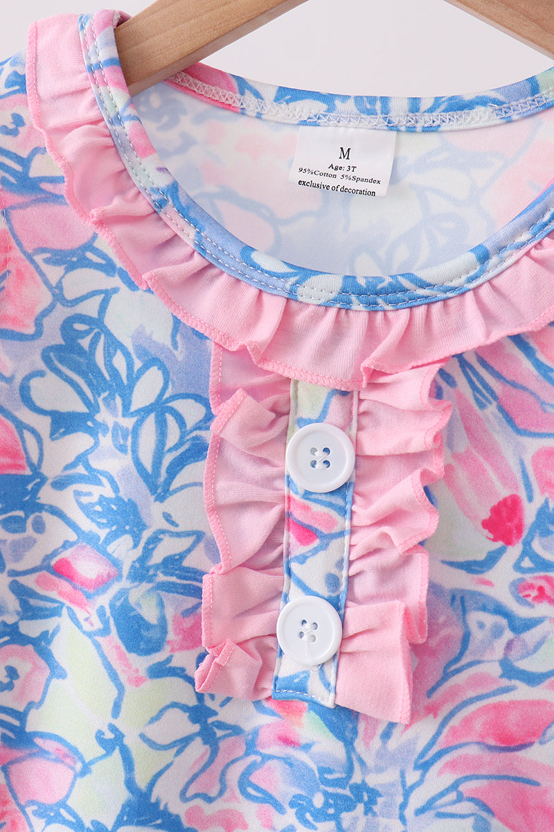 Watercolor Floral Ruffle Scalloped Girls Dress
