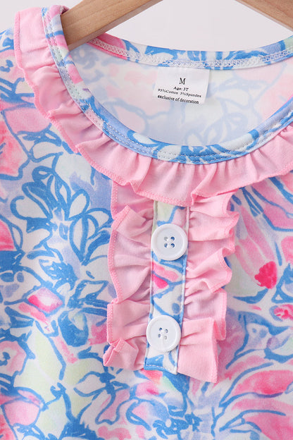Watercolor Floral Ruffle Scalloped Girls Dress