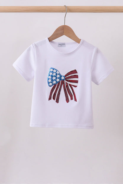 White bow patriotic sequin mom & me top