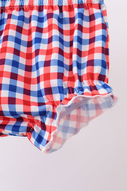 White flag smocked ruffle gingham bloomer set