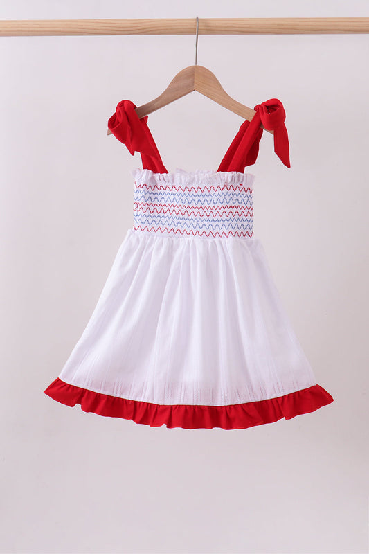 White patriotic smocked jacquard girl ruffle dress