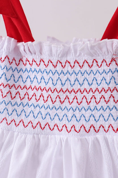 White patriotic smocked jacquard girl ruffle dress