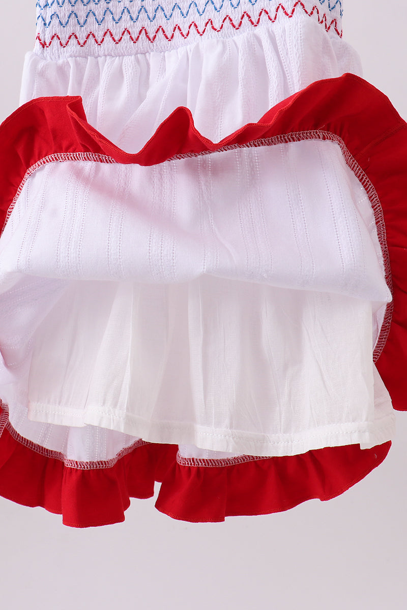 White patriotic smocked jacquard girl ruffle dress