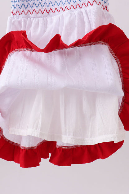 White patriotic smocked jacquard girl ruffle dress