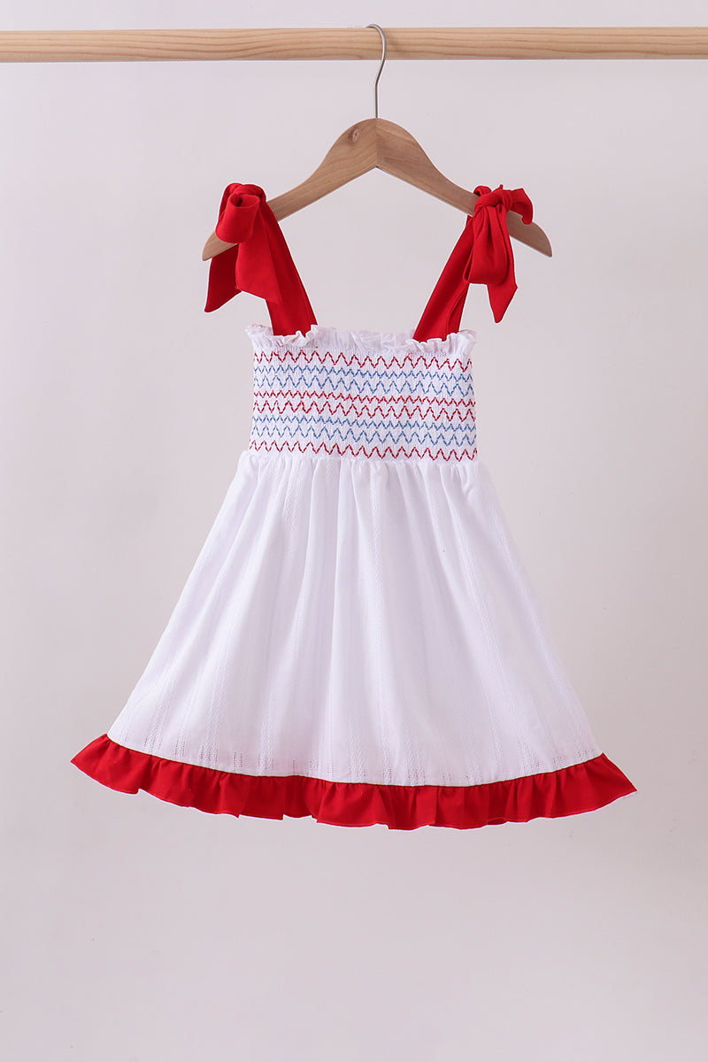 White patriotic smocked jacquard girl ruffle dress