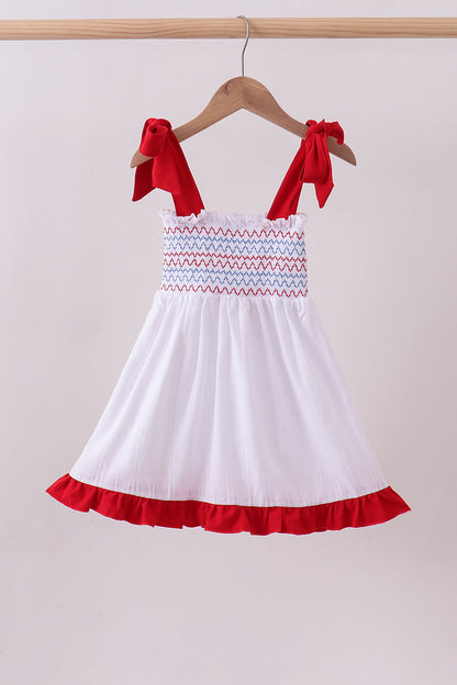 White patriotic smocked jacquard girl ruffle dress